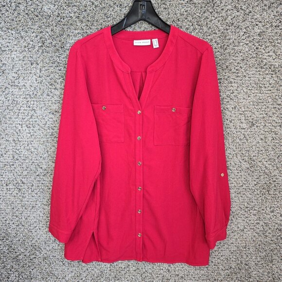 Susan Graver Top Womens Plus 18W Red Button Up Long Sleeve Blouse Casual Ladies - Picture 1 of 7